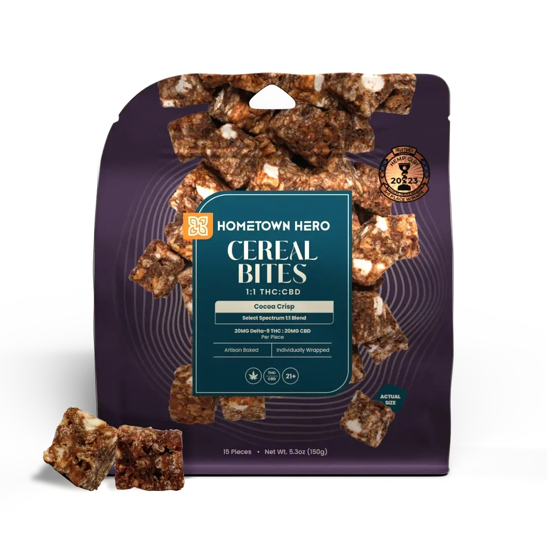 Front of Hometown Hero Cereal Bites Cocoa Crisp pouch, 1:1 THC to CBD, 20mg THC and 20mg CBD per piece, 15 pieces.