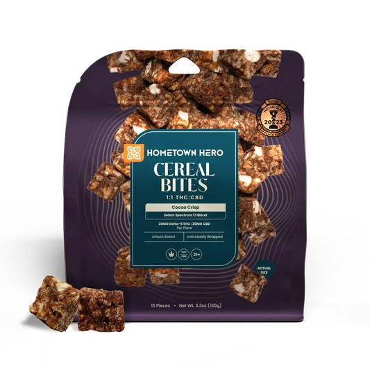 Front of Hometown Hero Cereal Bites Cocoa Crisp pouch, 1:1 THC to CBD, 20mg THC and 20mg CBD per piece, 15 pieces.