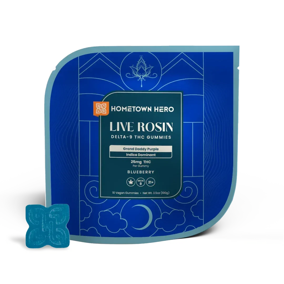 Hometown Hero Live Rosin Gummies — Blueberry Grand Daddy Purple, 250mg THC