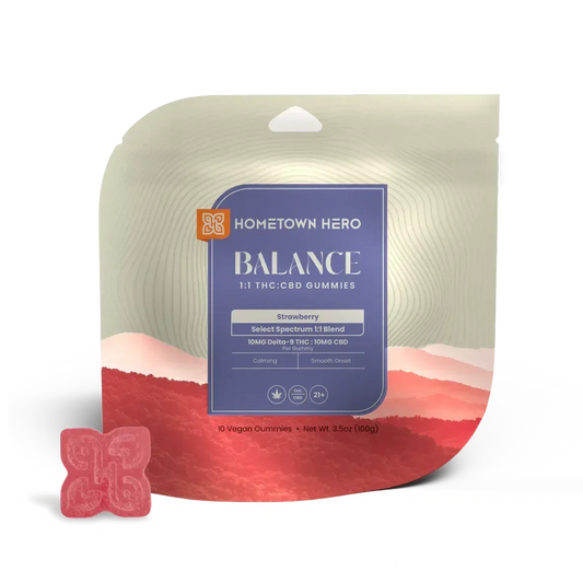 Pack of Hometown Hero Balance Strawberry 1:1 THC:CBD gummies, 10mg THC and 10mg CBD each, with a single red gummy
