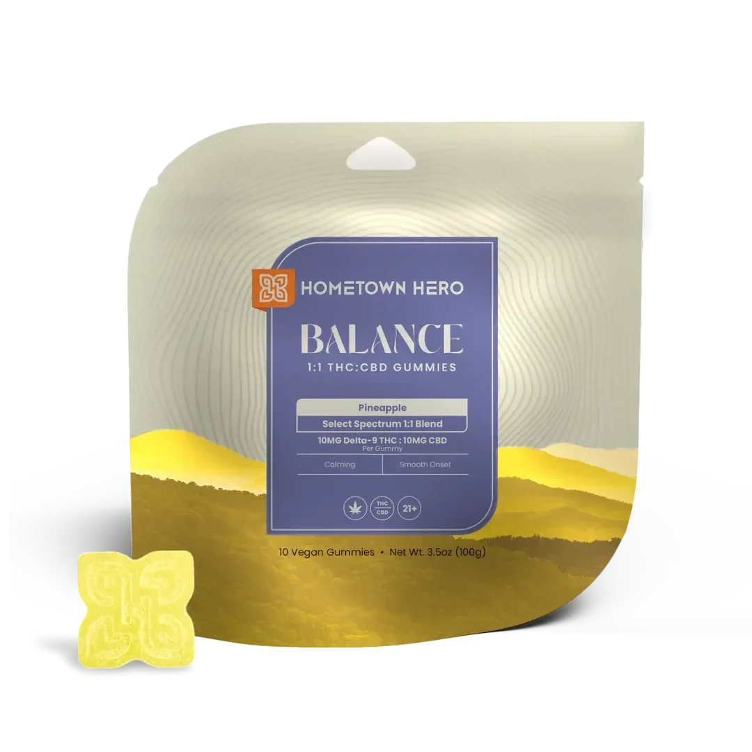 Pouch of Hometown Hero Balance Pineapple 1:1 THC:CBD gummies, 10mg THC and 10mg CBD each, with one yellow gummy