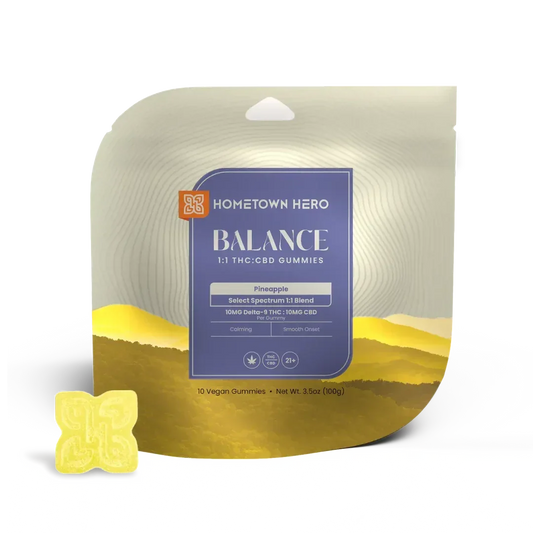 Pouch of Hometown Hero Balance Pineapple 1:1 THC:CBD gummies, 10mg THC and 10mg CBD each, with one yellow gummy