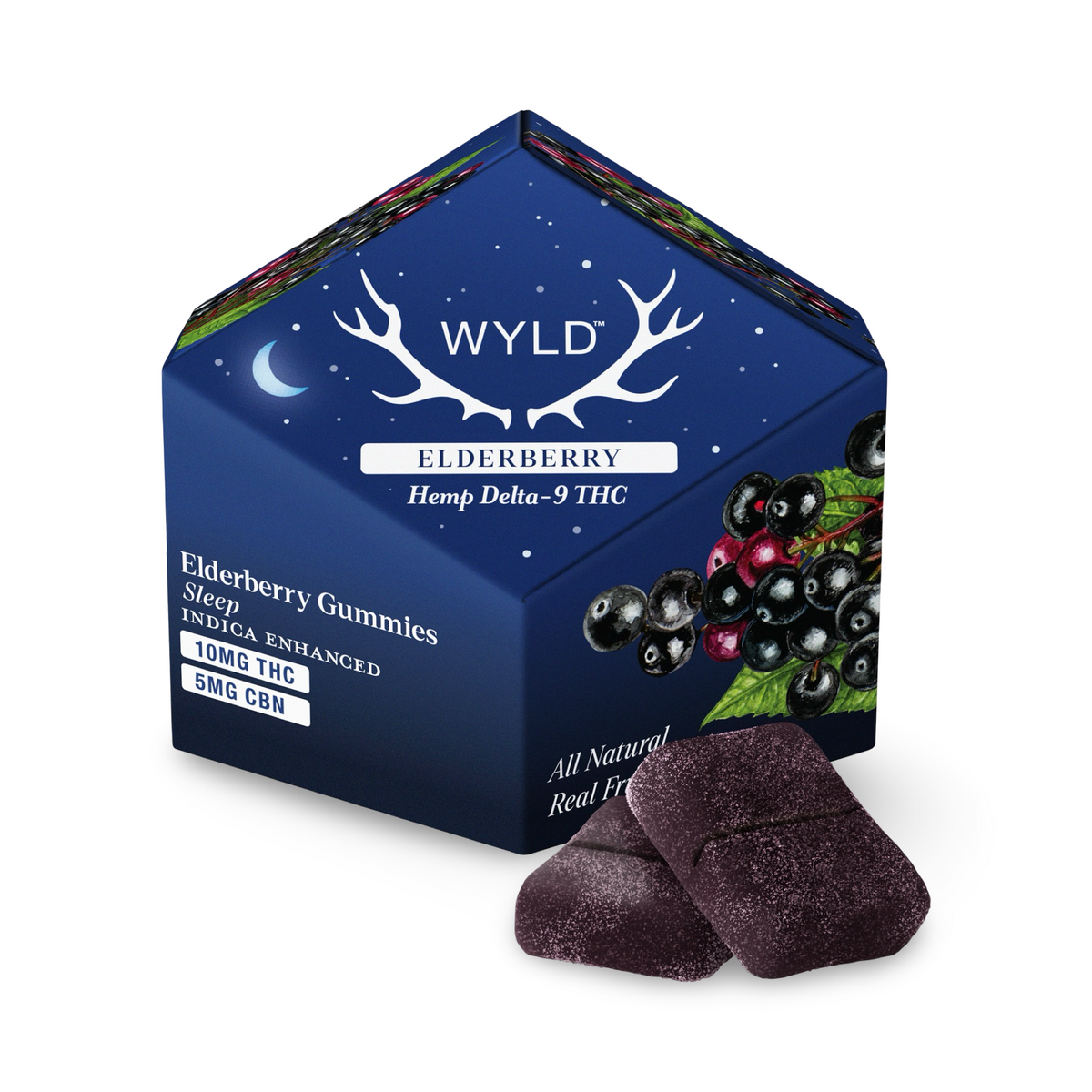 Navy box of Wyld Elderberry Sleep THC gummies, 150mg THC plus CBN, with two dark purple gummies and elderberries in front.