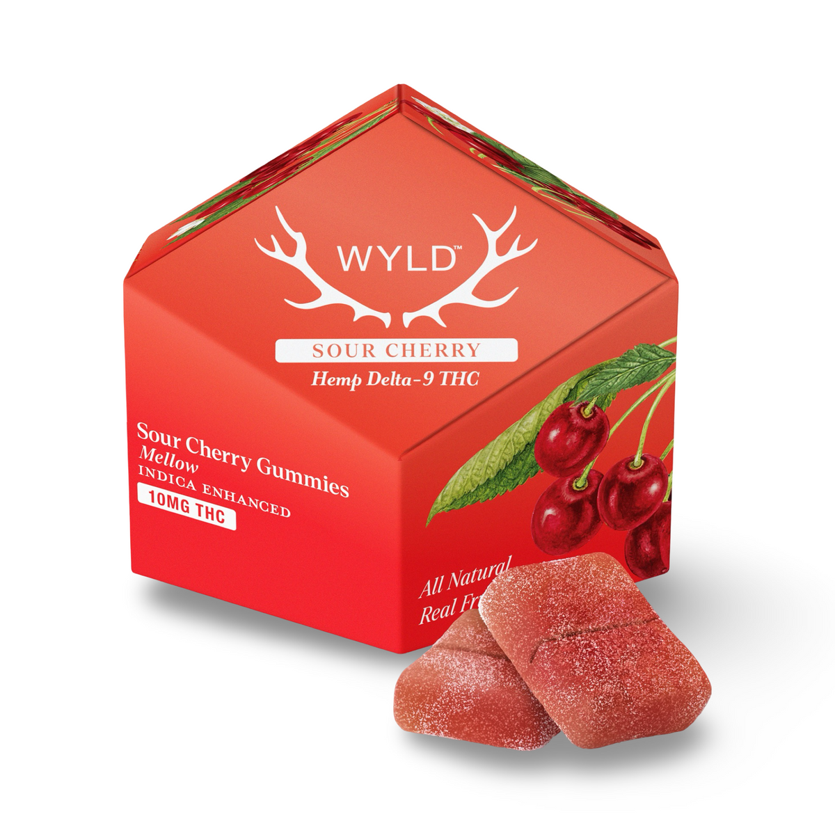 Red Wyld THC Mellow Sour Cherry gummies box, 10mg THC per piece, with two sugar-dusted gummies and fresh cherries