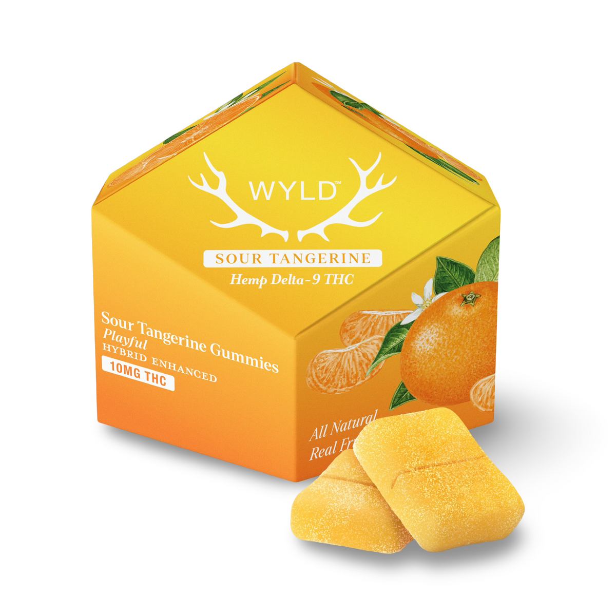 Box of Wyld Sour Tangerine Playful hemp THC gummies, 100mg, beside two sugar-dusted orange gummies