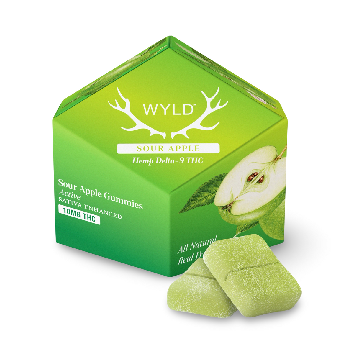 Green Wyld THC Active Sour Apple gummies box, 10mg THC per piece, beside two sugar-coated apple gummies