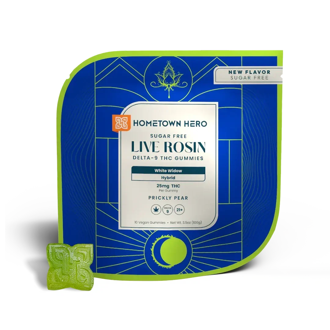 Front of Hometown Hero Live Rosin Prickly Pear White Widow gummies pack, 250mg THC, beside a green gummy