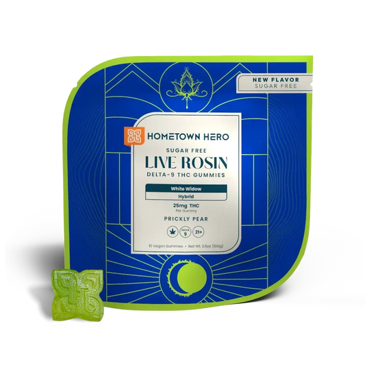 Front of Hometown Hero Live Rosin Prickly Pear White Widow gummies pack, 250mg THC, beside a green gummy