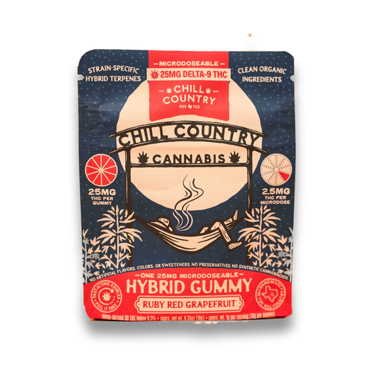 Front of Chill Country Ruby Red Grapefruit hybrid gummy pouch, one microdoseable 25mg THC single serving